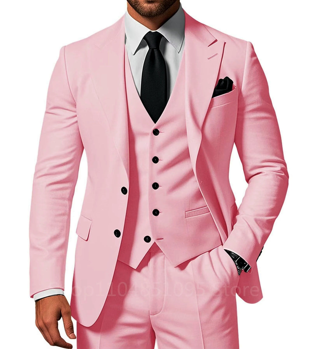Three-piece solid men's wedding tuxedo suit with peak lapel jacket, pants, and vest, stylish formal attire for groom or prom.