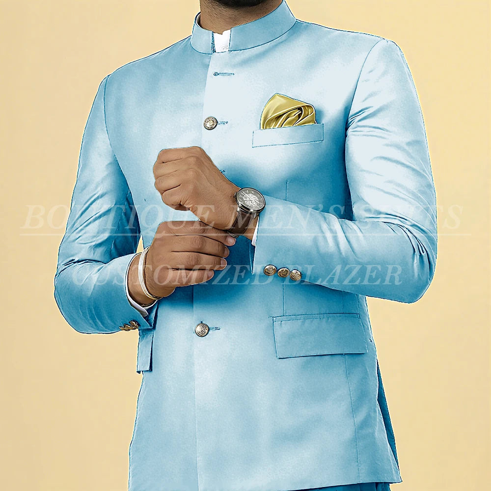 Elegant men's slim fit wedding suit with blazer and pants, featuring a single-breasted design and stand lapel, by Showlu Fashion.