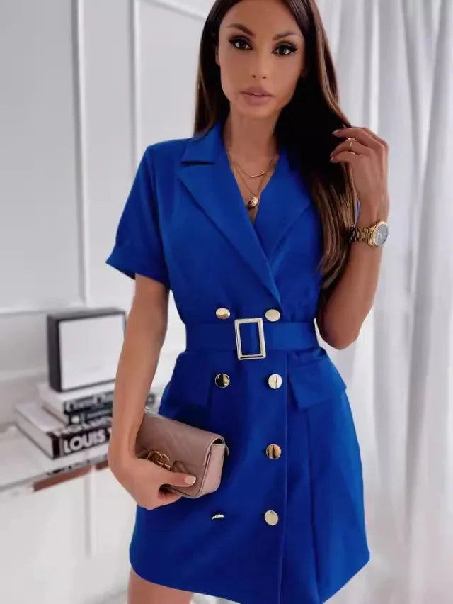 Showlu Rose Red double-breasted mini blazer dress with belt, stylish women's fashion, featuring tailored fit and sleek design.