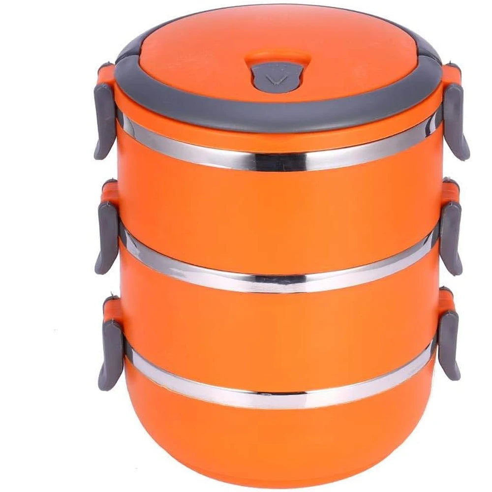 Stackable stainless steel lunch box with handle, leakproof, insulated, 3-layer food storage container for portable meals.