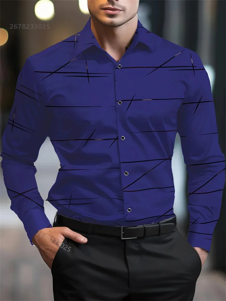 Men's casual long-sleeve shirt with geometric 3D print and lapel, large size, suitable for business and office wear by Showlu Fashion.