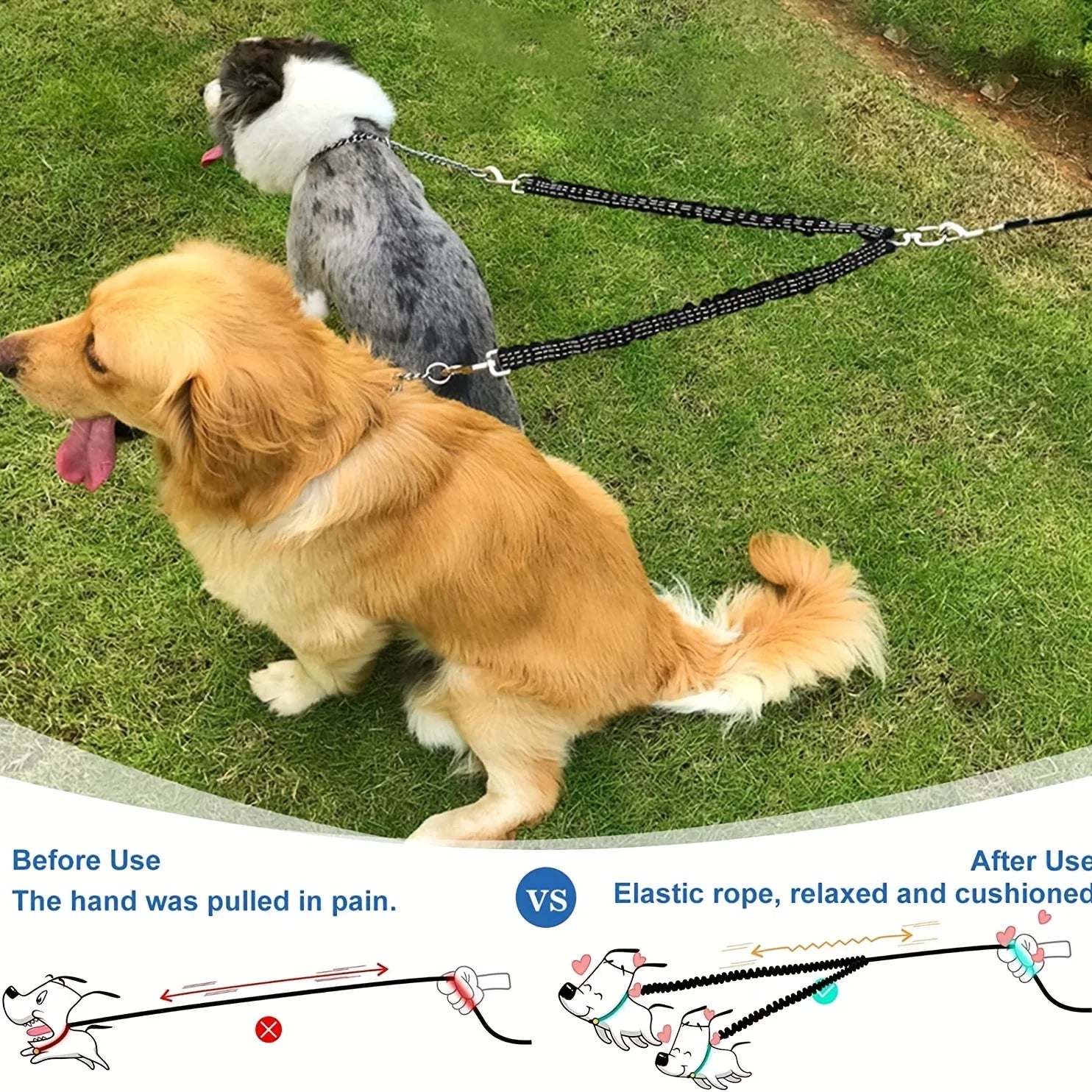 Reflective Showlu Double Dog Leash made of shock-absorbing nylon, ideal for walking two dogs safely and comfortably.
