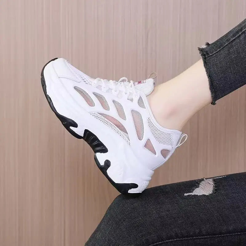 Stylish women's white mesh breathable platform shoes by Showlu Fashion, featuring a high, comfortable, and elegant design.
