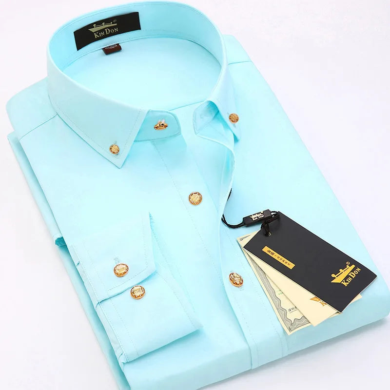 Men's luxury brass button long sleeve business casual shirt by Showlu Fashion, ironing resistant, suitable for office wear and gifts