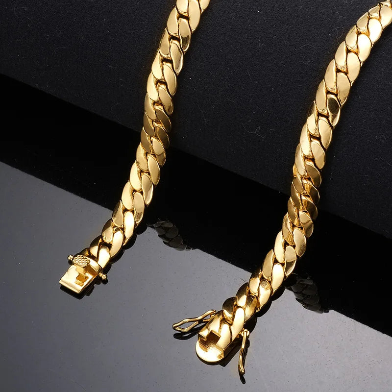 Gold Cuban link chain necklace for men, rapper jewelry style, shiny tank chain designed for hip hop fashion and streetwear.