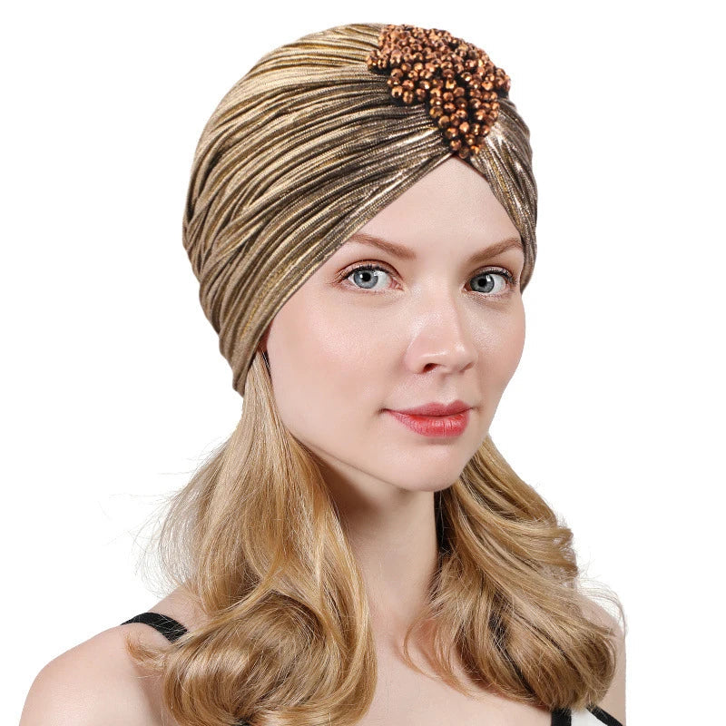 Indian Women Chemo Cap Muslim Diamonds Hijab Pleated Turban Wrap Headscarf Beanies Hair Loss Bonnet Hat Femme Turbante Mujer New SHOWLU FASHION STORE