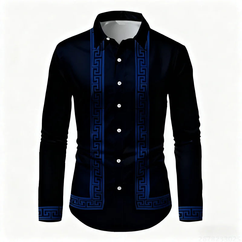 Men's black and white geometric print long-sleeve shirt with slim fit, stylish casual top by Showlu Fashion Store