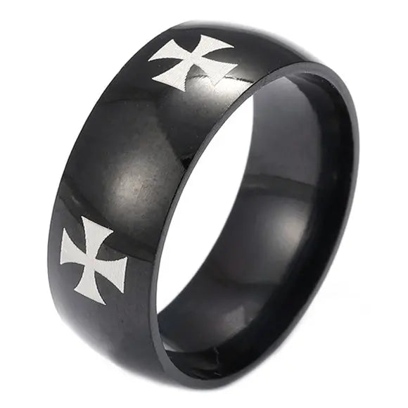 Unisex Mango Sky Titanium Steel Christian Cross Bible Ring with 8mm band, featuring a sleek, modern design and Christian symbolism.
