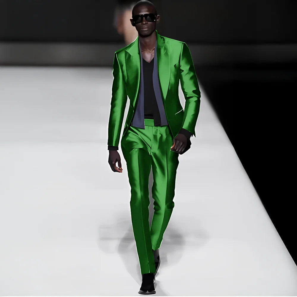 Elegant satin men's suit with peak lapel blazer and matching pants, suitable for weddings, parties, or formal occasions.