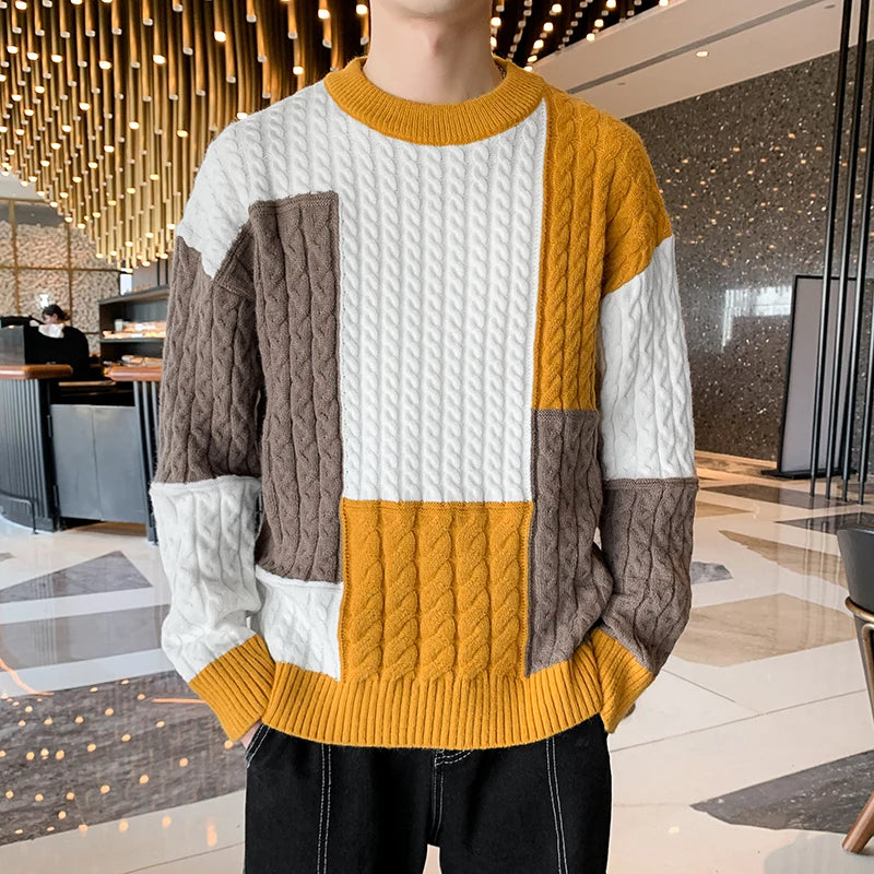 Men's spring winter patchwork sweater featuring a loose fit, warm knitting, and streetwear style from Showlu Fashion.