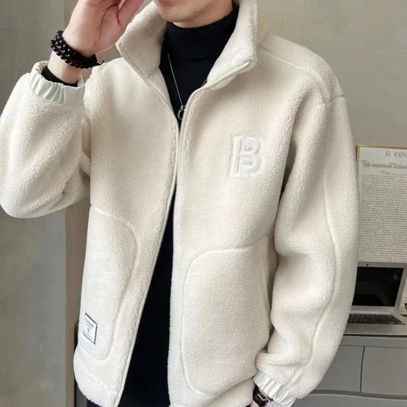 Fleeced Warm Stand Collar Thick Male Jackets Trend 2024 Luxury Padding Designer Vintage Men's Coats Winter Casual High Quality