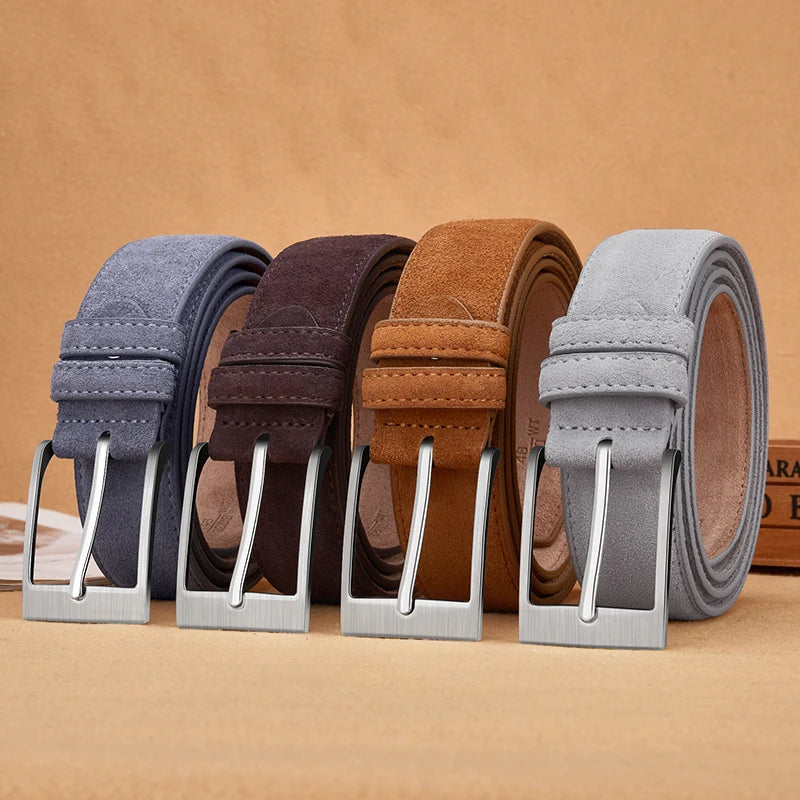 Genuine cow leather men's belt with classic plaid pattern and pin buckle, shown in natural tan color.