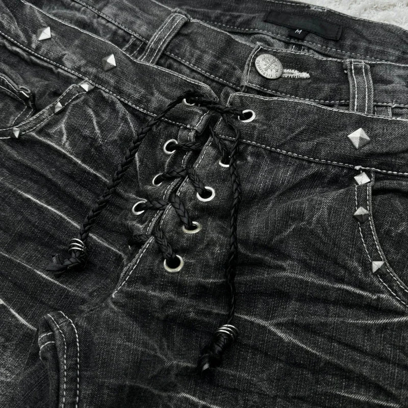 Retro double-waisted lace-up micro flared jeans for women and men, featuring washed high-quality streetwear design.