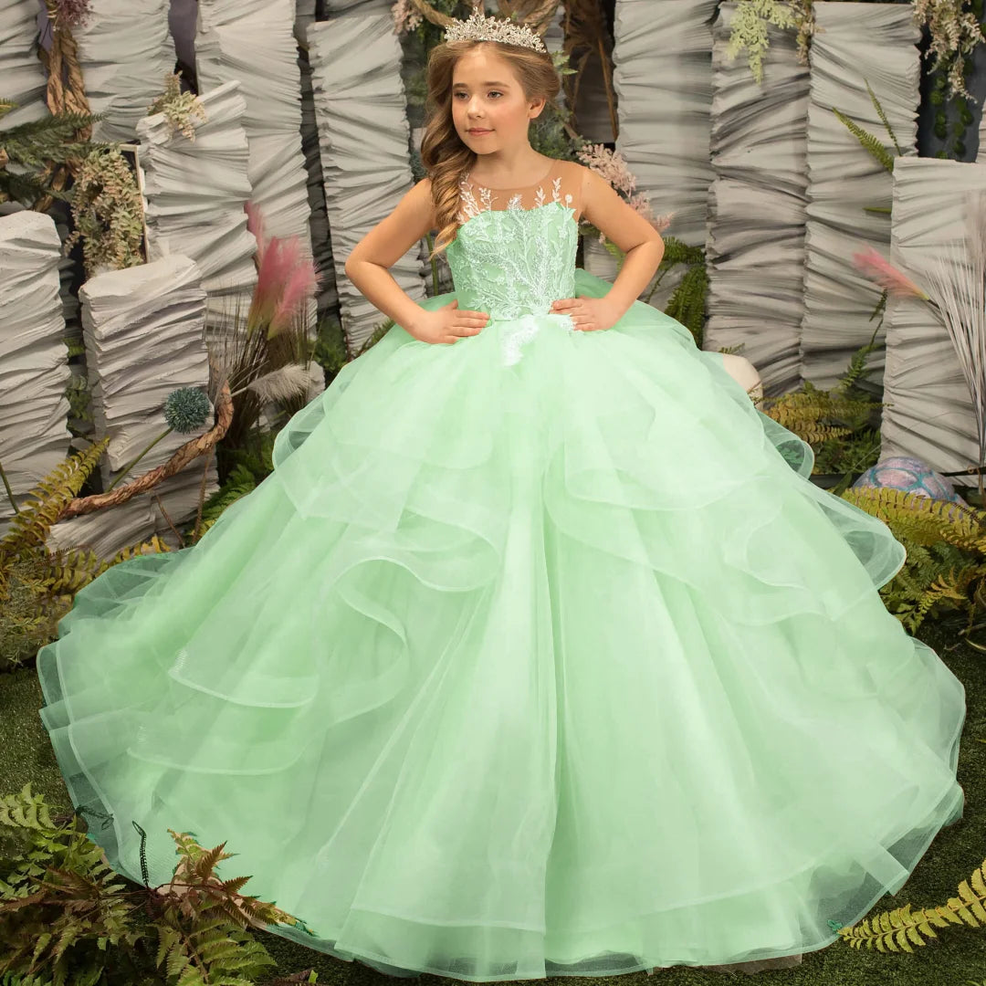 Light champagne flower girl dress by Gdybao, featuring a tulle tiered ball gown design for weddings, from Showlu Fashion Store.