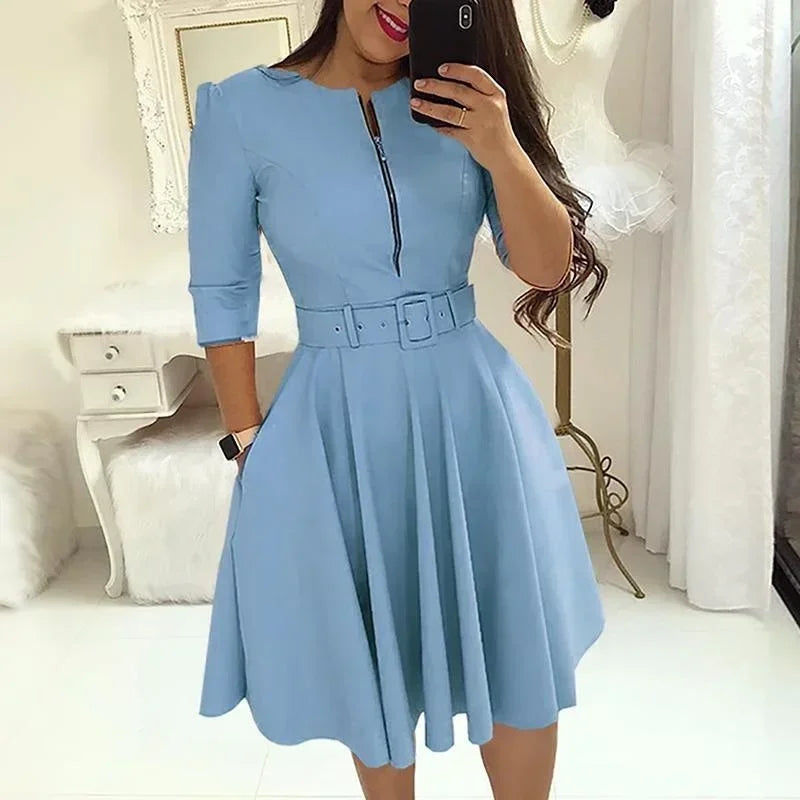 Fashion Women Patchwork A-line Dresses Autumn/Winter Round Neck Printed Belt Party Dress Elegant Office Lady Zipper Dress