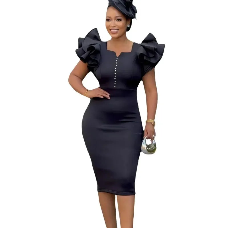 African Dashiki bodycon dress with V-neck, short sleeves, polyester fabric, midi length, by SHOWLU FASHION STORE