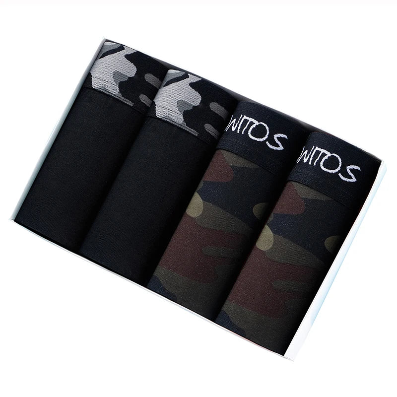 Showlu men's cotton boxer shorts 4-pack with camouflage print, comfortable men's underwear with elastic waist and soft fabric.