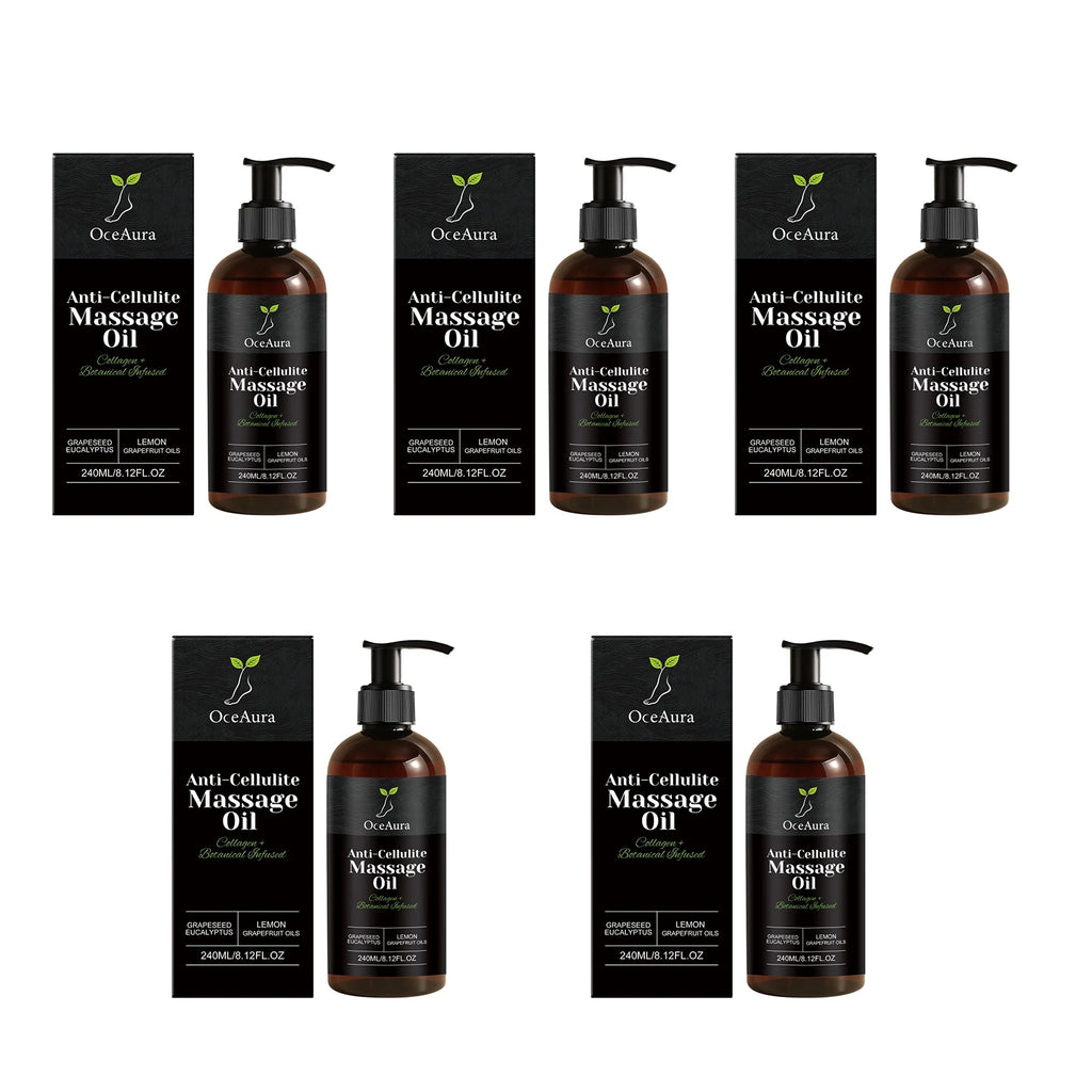 OceAura Collagen Anti-Cellulite Massage Oil by Showlu Fashion Store, showing a bottle with a pump and a smooth, nourishing oil inside.