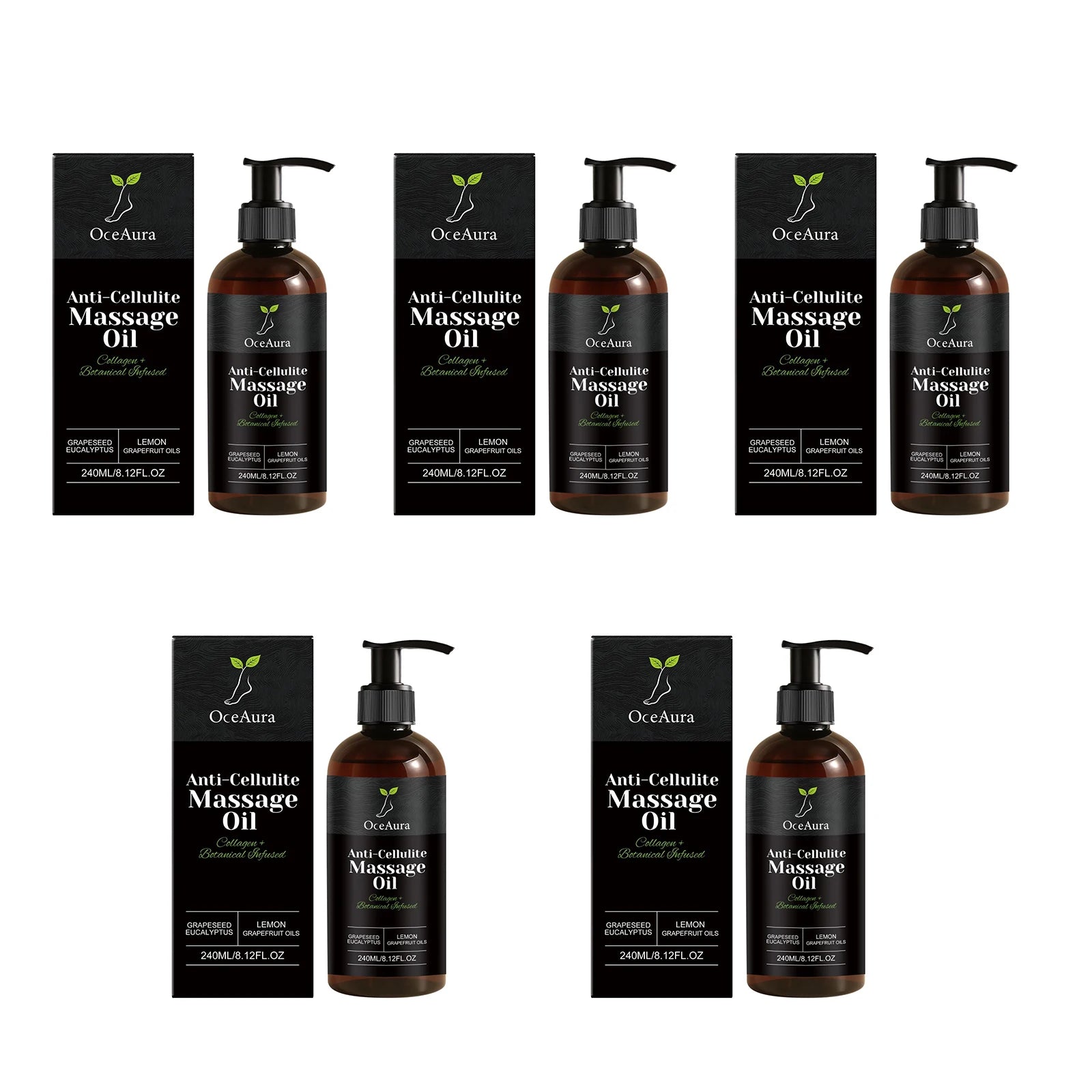 OceAura Collagen Anti-Cellulite Massage Oil by Showlu Fashion Store, showing a bottle with a pump and a smooth, nourishing oil inside.
