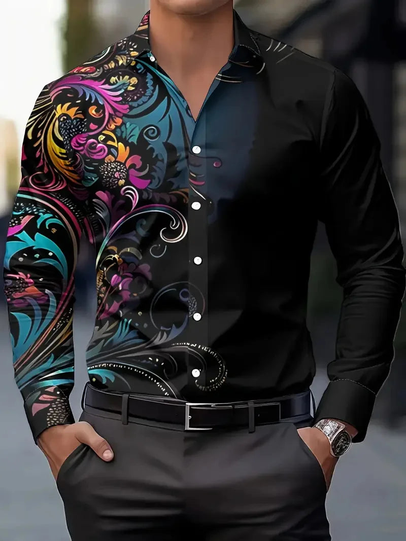 Men's long sleeve shirt with irregular geometric print fabric, featuring button closure, stylish street fashion design by Showlu.