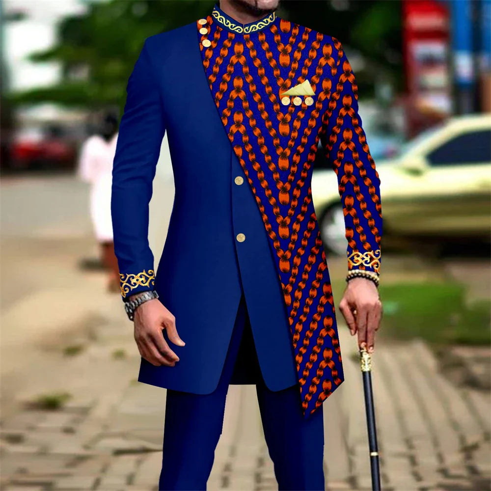 SHOWLU Men's African embroidery print suit with blazer and pants, traditional 2-piece wedding set in vibrant fabric design.