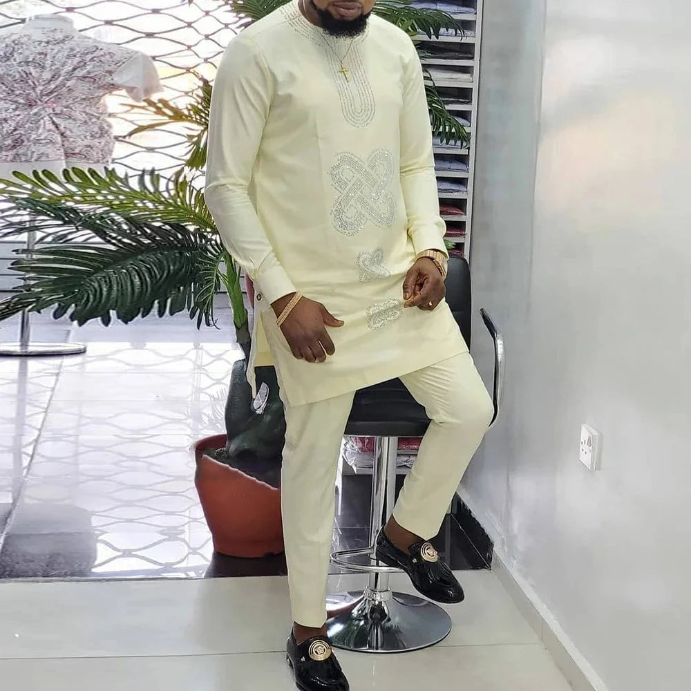 New In African Summer Business Men's Short Sleeve Suit Embroidery Dashiki Shirt Pants Sets 2 Pieces Outfits Wedding Party 2025