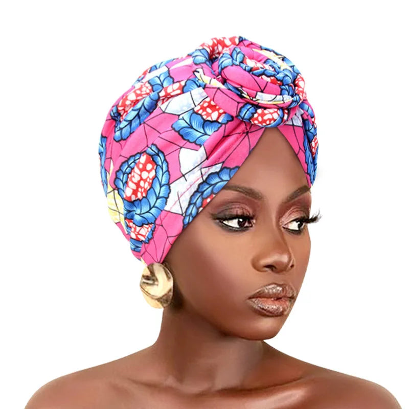 African print pleated turban floral beanie with front knot, elastic head wrap, and bandana style headwear for women.
