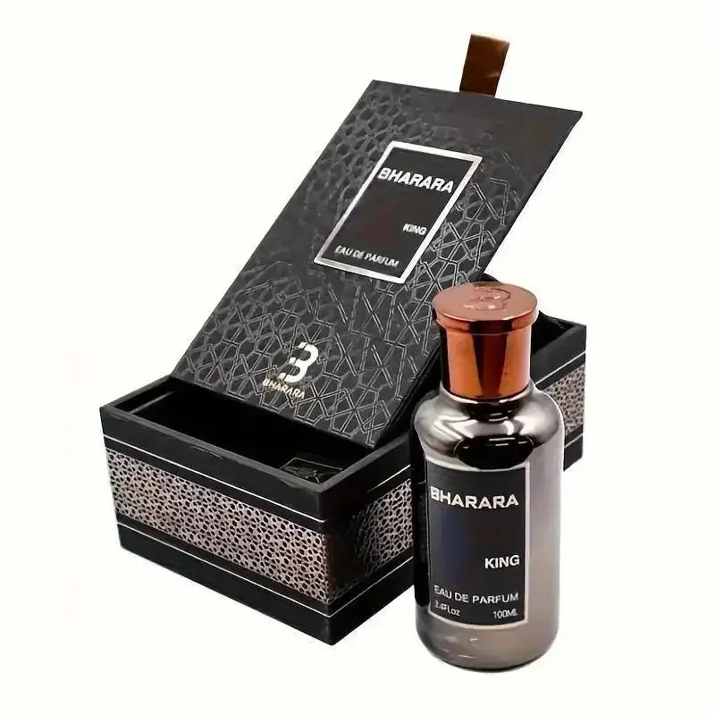 Bharara King Men's Eau de Parfum 3.4oz bottle with citrus and musk fragrance, showcasing the sleek perfume packaging.