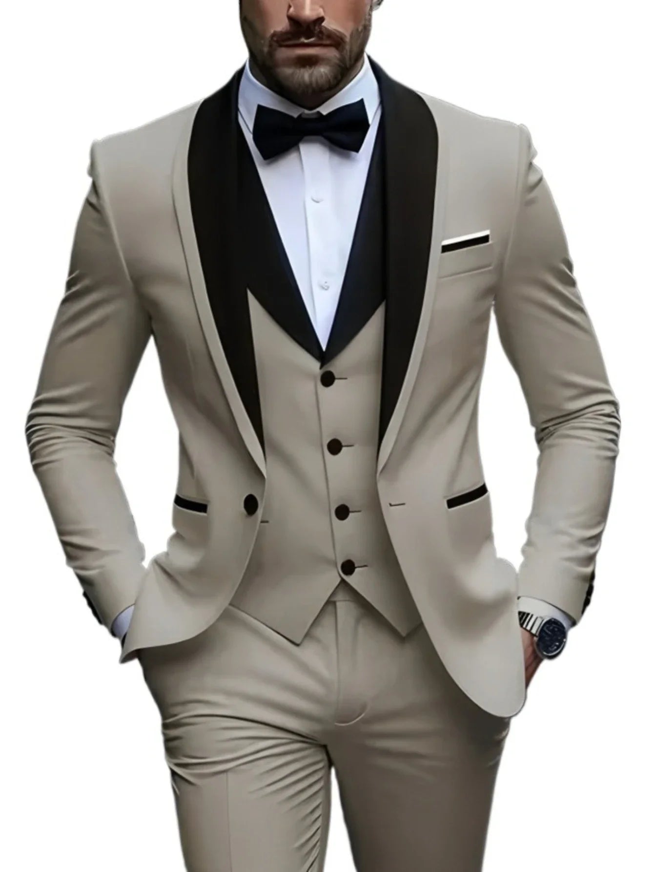 White Slit Mens Suits 3 Piece Black Shawl Lapel Casual Groom Tuxedos for Wedding Groomsmen Suits Men 2025 (Blazer+Vest+Pant)
