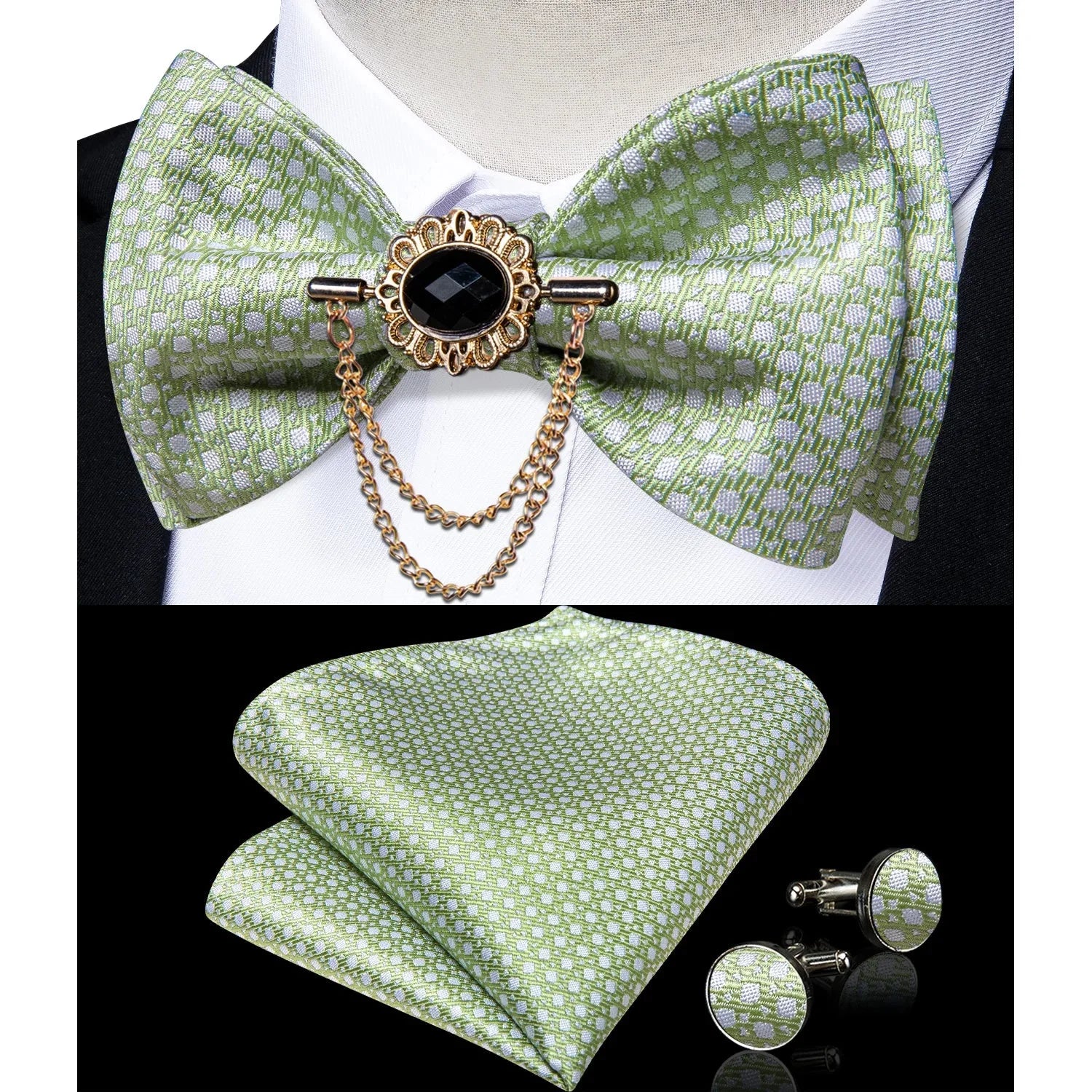 Pink plaid silk self-tie bow tie set with brooch and hanky, stylish accessory by SHOWLU FASHION STORE