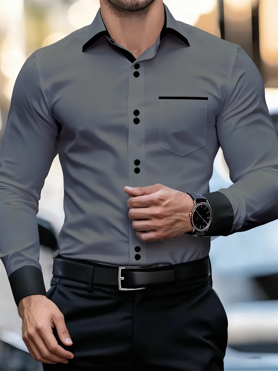 Men's black and white color block collar long sleeve shirt by Showlu Fashion with slim fit, wrinkle-free patchwork design.