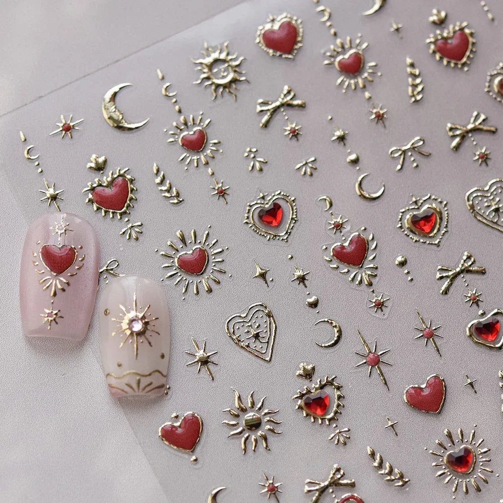 Elegant gold scepter nail art stickers with gemstone designs, perfect for luxurious courtly manicure decor.