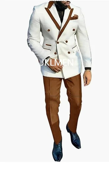 Tailored white double-breasted men's tuxedo suit with lapel, slim fit, two-piece formal costume for men and groom wedding attire