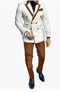 Tailored white double-breasted men's tuxedo suit with lapel, slim fit, two-piece formal costume for men and groom wedding attire