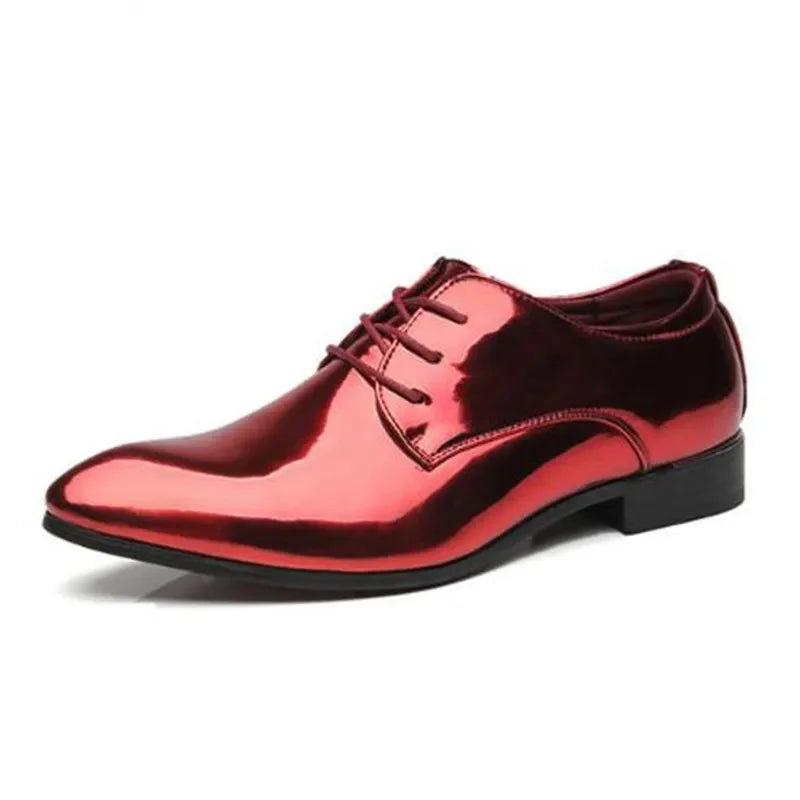 Men's black patent leather Oxford shoes with pointed toes, designed for wedding dress and formal occasions, by Showlu Fashion Store.