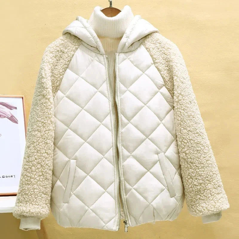 Light down cotton jacket for women with hood, showcasing short patchwork design in stylish SHOWLU FASHION STORE coat.