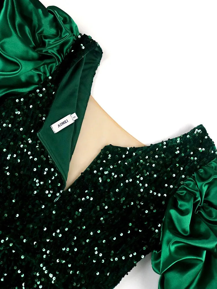 Elegant women's off-shoulder sequin evening gown by Kalenmos, mid-calf length, perfect for parties and formal occasions.