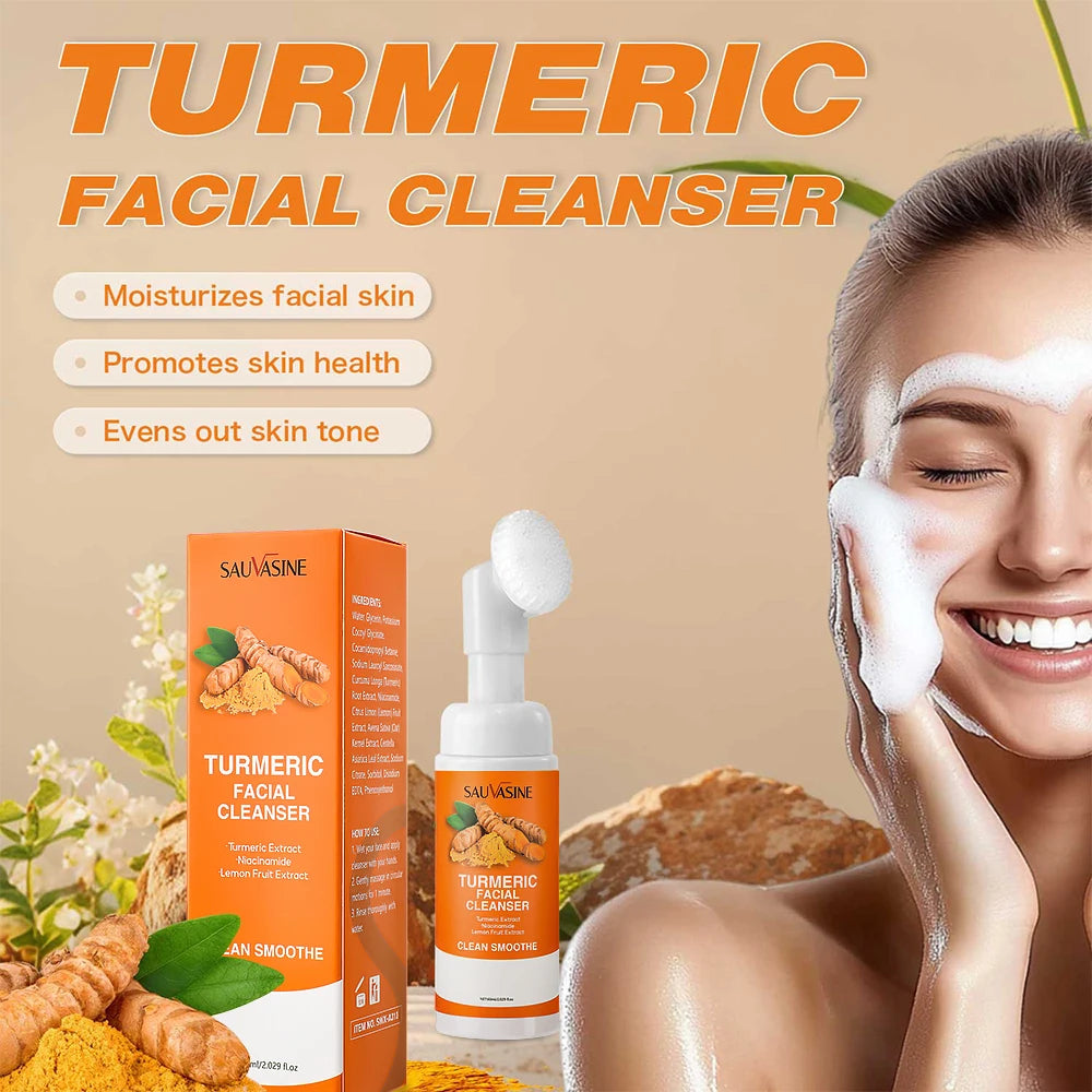 Turmeric Cleanser Moisturize facial foam with brush, brightening skin tone, lemon extract, for daily skincare by Showlu Fashion Store