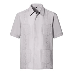 2025 New Summer Men's Guayabera Shirts Four Pockets Embroidered Short Sleeve Shirts for Men Blue Mexican Cuban Button Shirt