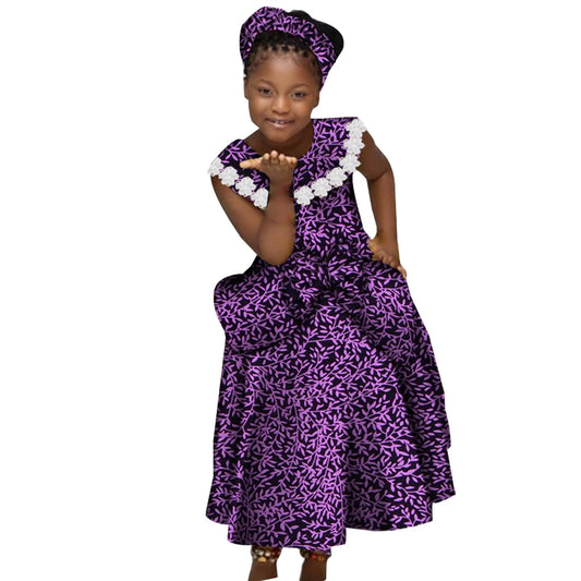 African Dresses for Little Girls Pleated Skirt Gifted Hair Band Lovely Girl Clothing with Big Bow Custom Size Clothes  WYT538