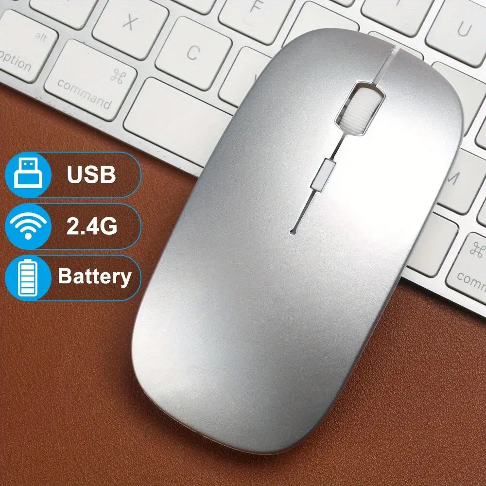 Wireless gaming mouse with RGB backlight, ergonomic design, USB rechargeable, silent operation, suitable for PC and laptop use.