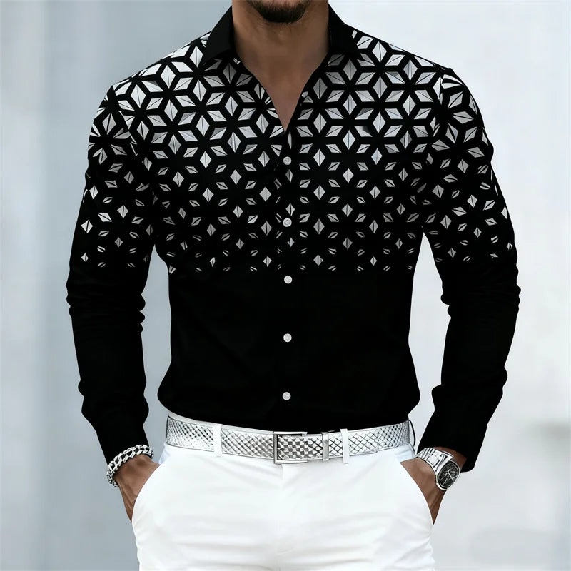 Men's long sleeve shirts in 17 colors featuring fashionable geometric pattern print, slim fit, casual style from Showlu Fashion Store.