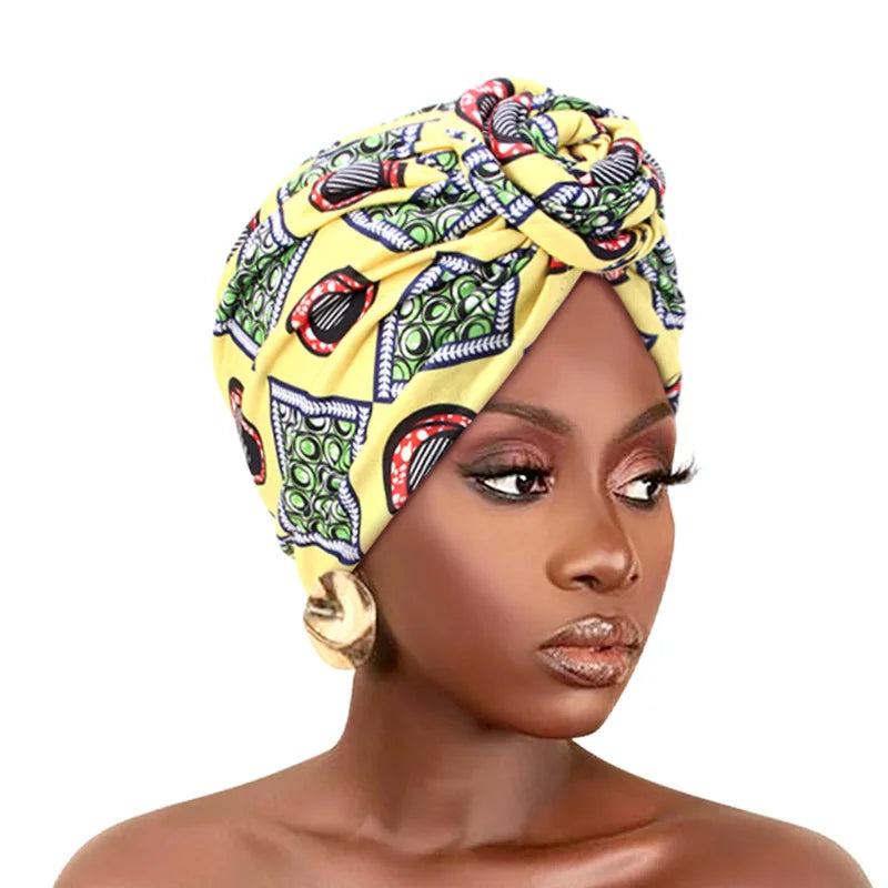 African print pleated turban floral beanie with front knot, elastic head wrap, and bandana style for women’s elegant chemo cap and headwear