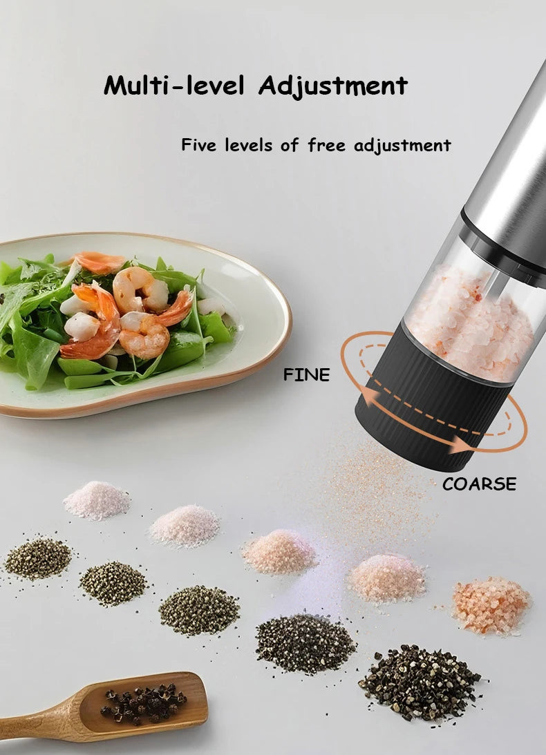 Showlu Smart General electric salt and pepper grinder with sleek black design, featuring adjustable grinding mechanisms on a kitchen countertop.