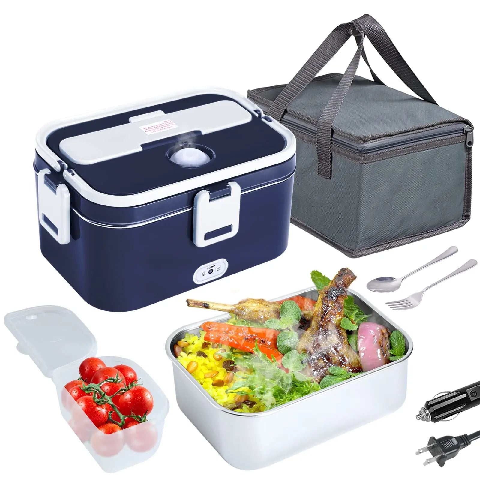 SHOWLU 1.8L stainless steel electric lunch box with food warmer, suitable for 12V, 24V, and 110V vehicles and kitchens.