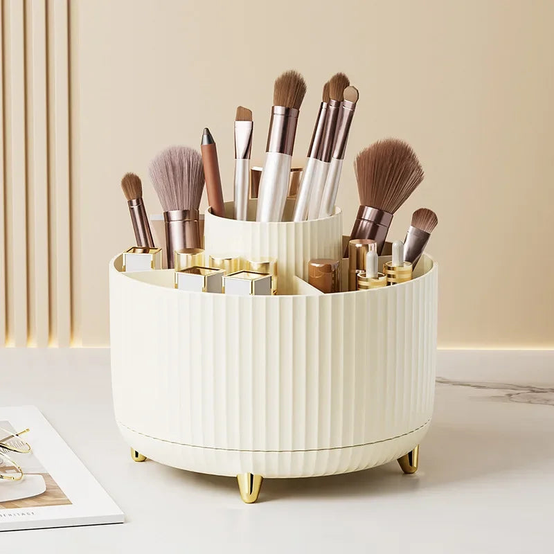 Showlu Smart 360° rotatable makeup and jewelry storage box with five compartments for organizing cosmetics and accessories.