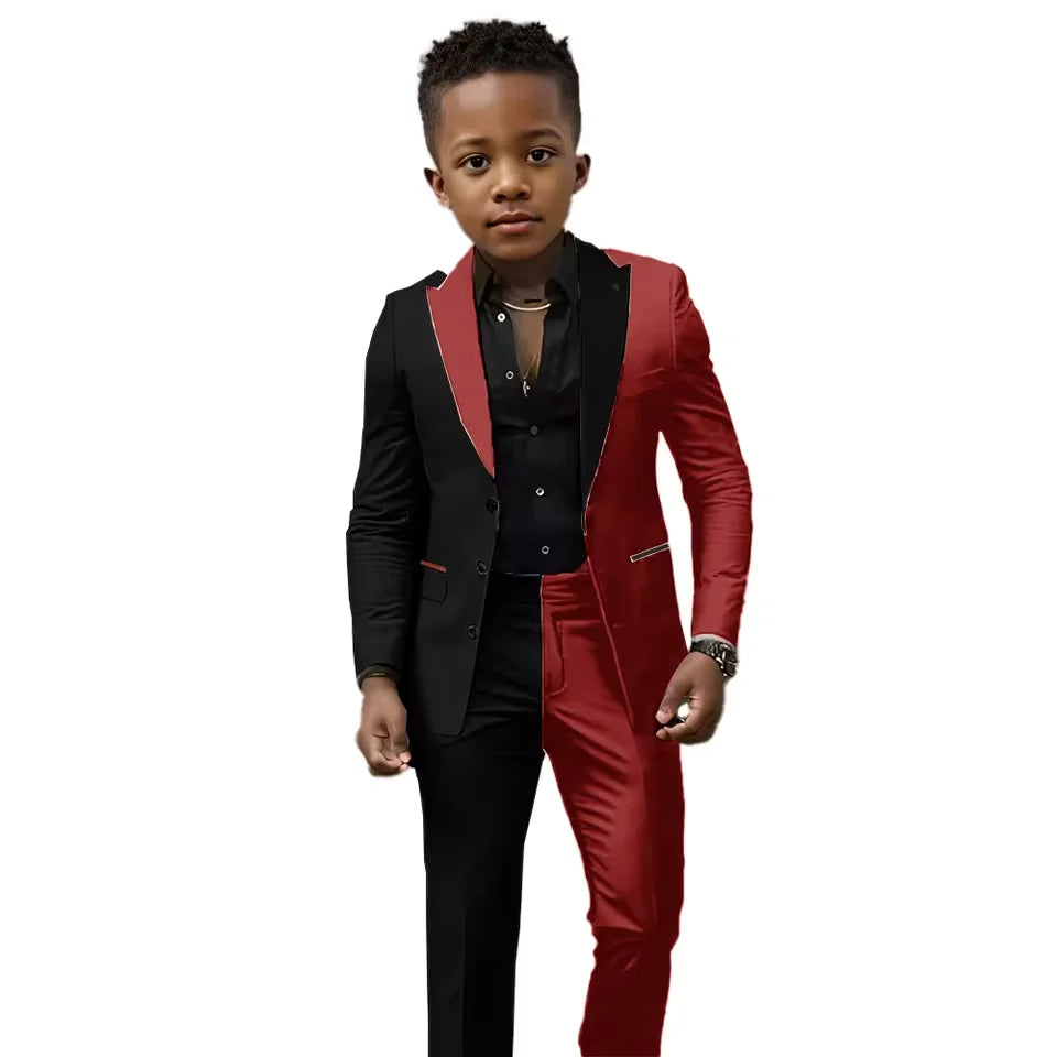 Black and white spliced boys wedding suit with jacket and pants, slim fit tuxedo for ages 2T-16T, suitable for Easter and prom.
