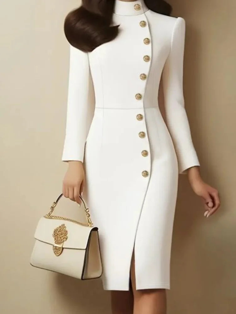 Elegant women's slim fit stand collar sheath dress by Chaiyao, featuring autumn knit fabric, from Showlu Fashion Store.