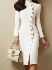 A white knee-length sheath dress with a stand-up collar, long sleeves, and gold button detailing.