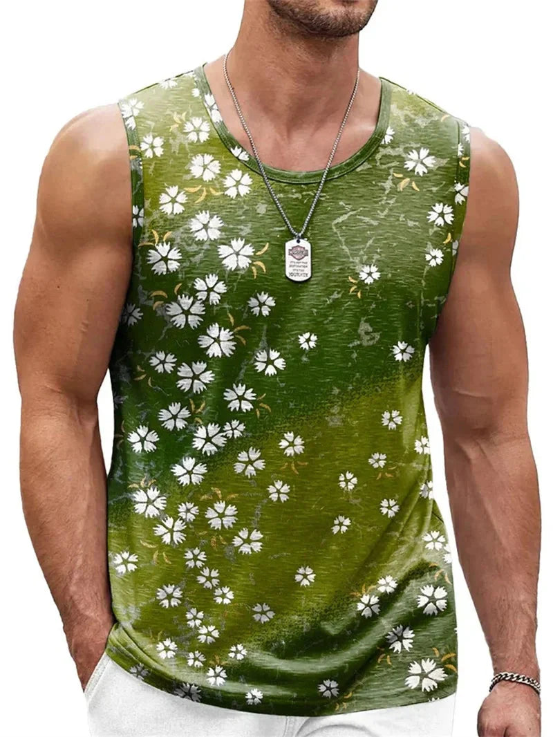 SHOWLU Men's gradient floral tank top with 3D printed Harajuku Y2K design, featuring vibrant colors and stylish sleeveless fit.